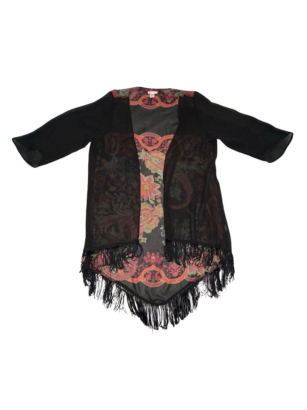 Xhilaration Paisley Floral Print Fringe Kimono Open Front Sheer Duster Cardigan